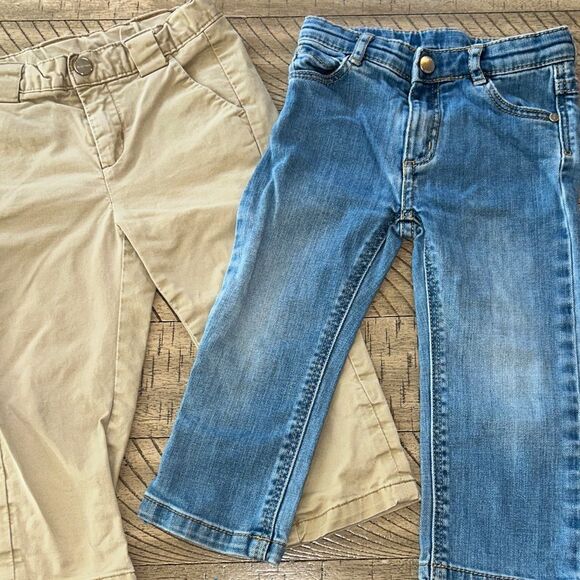Jacadi Jeans 1 Denim 👖 & 1 Khaki Pants. 🇫🇷 Designer 🧑‍🎨 Cotton soft. Adj waists - Picture 1 of 17
